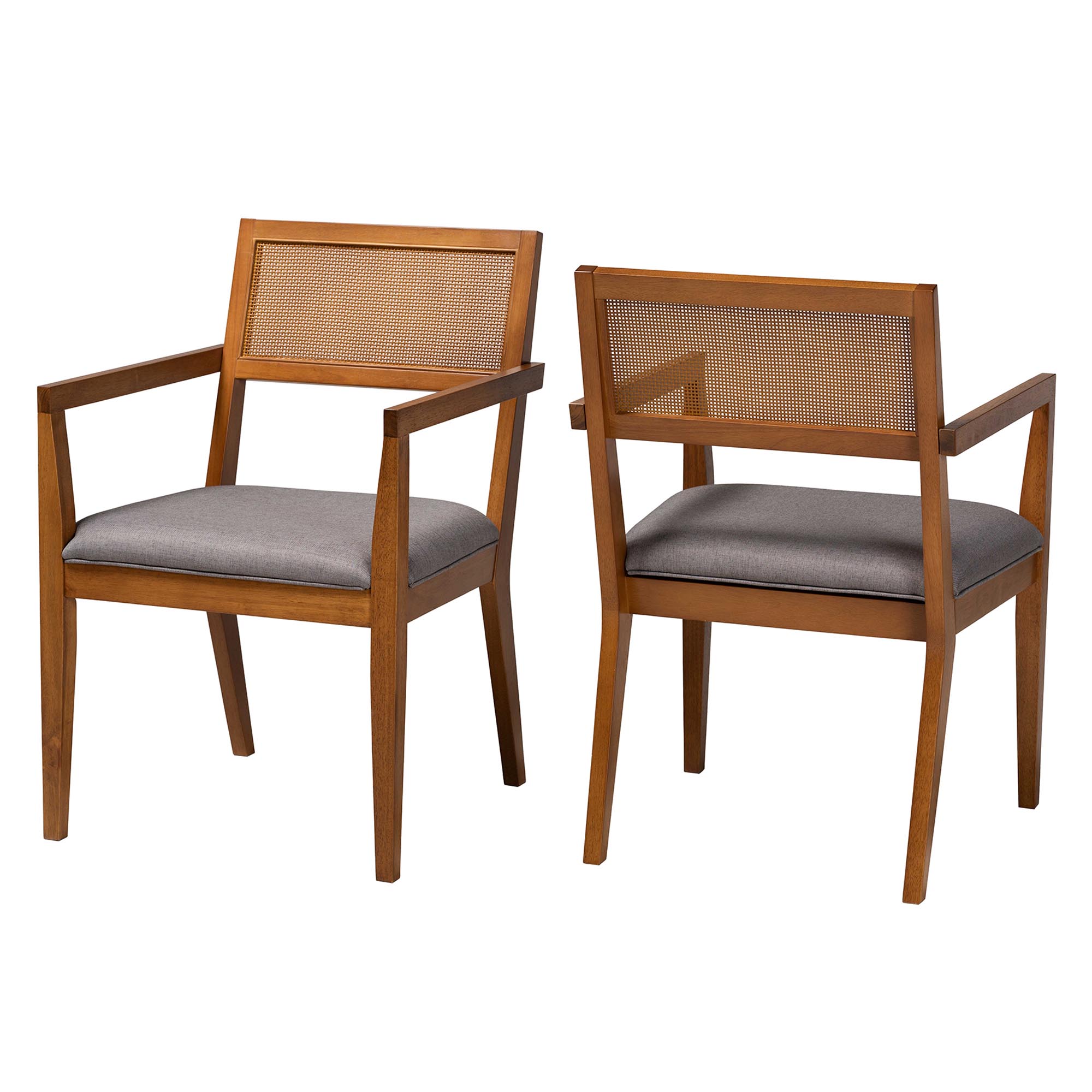 Baxton Studio Emilia Modern Japandi Grey Fabric and Walnut Brown Finished Wood 2-Piece Arm Chair Set with Woven Rattan